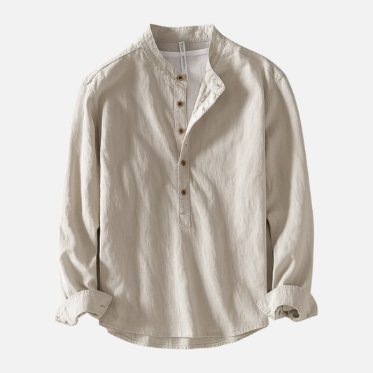 Camisa Henley de lino transpirable de manga larga para hombre