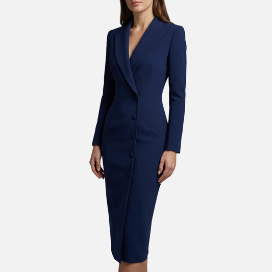 Vestido Midi Tipo Americana de Mujer | Vestido de Trabajo de Manga Larga con Cuello V y Un Botón