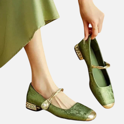 Women's Velvet Mary Jane Flats | Square Toe Pearl Heel