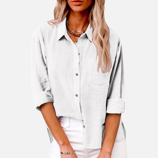 Camisa de lino extragrande para mujer | Blusa informal de manga larga con botones