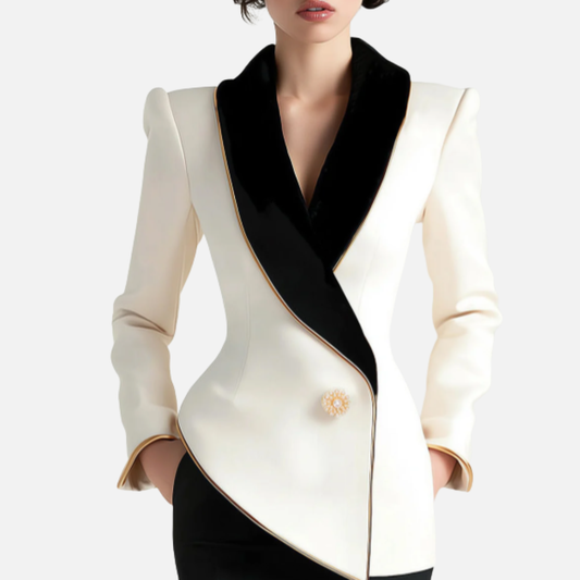 Chaqueta de traje para mujer en blanco y negro | Blazer entallado con cuello chal a medida