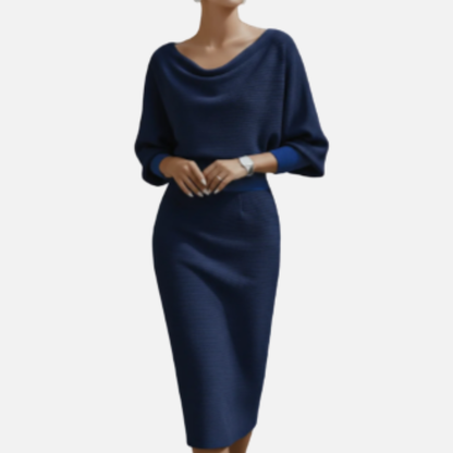 Women's Boucle Knit Cowl Neck Midi Dress | Batwing Sleeve