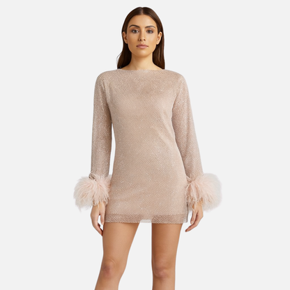 Women's Sparkly Sequin Mini Dress - Elegant Feather Cuff Party Gown