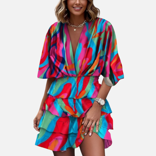 Minivestido bohemio escalonado para mujer - Vestido de fiesta de verano colorido con cuello en V