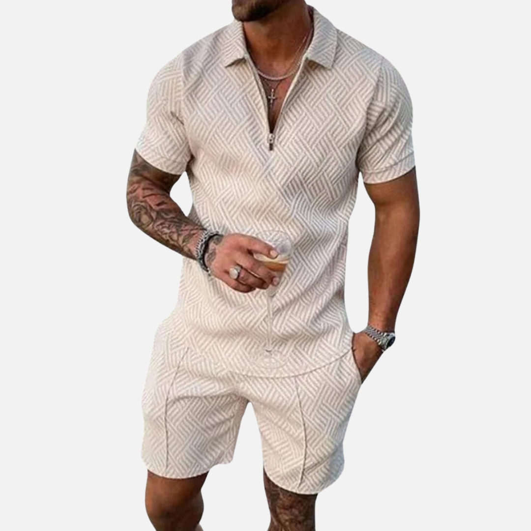 Men's Textured Polo Shirt and Shorts Set | Zip Collar Casual Summer Co-ord Matching Set