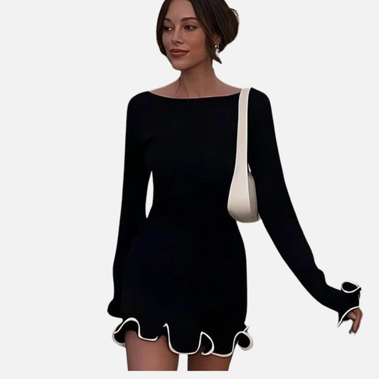 Zoe | Vestido mini de punto con dobladillo de volantes y manga larga para mujer – Ropa de noche