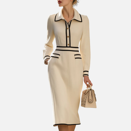 Women's Polo Collar Knit Midi Dress | Contrast Trim Zip Front Bodycon