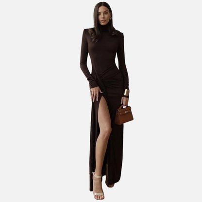 Naomi | Women's Turtleneck Ruched Maxi Dress with Slit