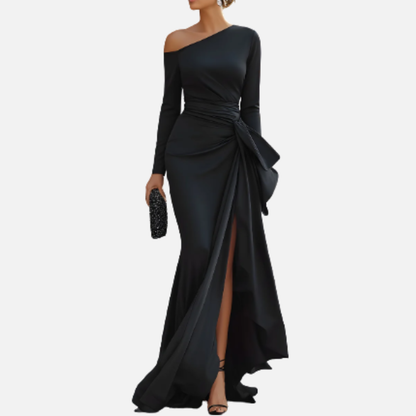 Women's Black Formal One-Shoulder Gown | Long Sleeve Mermaid Evening Dress