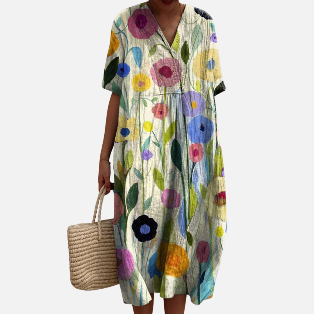 Women's Floral Midi Dress | V-Neck Short Sleeve Boho Casual Summer Dress
