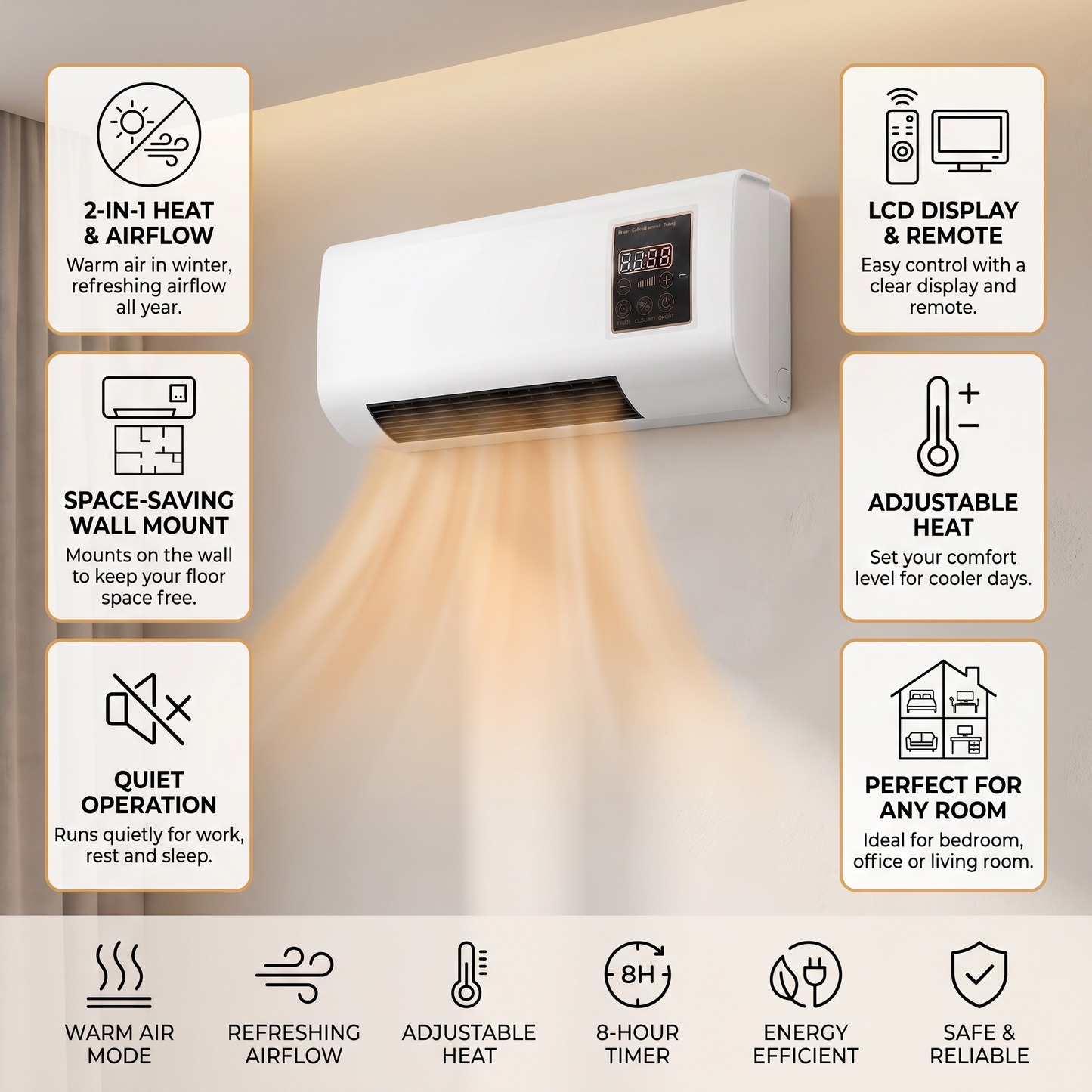 2-in-1 wall fan with heating function – refreshing breeze and heating | quiet, remote control, LCD, white 3