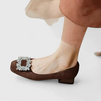 Women's Suede Block Heel Pumps with Crystal Buckle