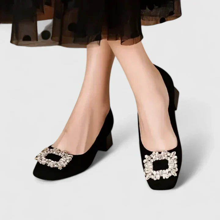 Women's Suede Block Heel Pumps with Crystal Buckle