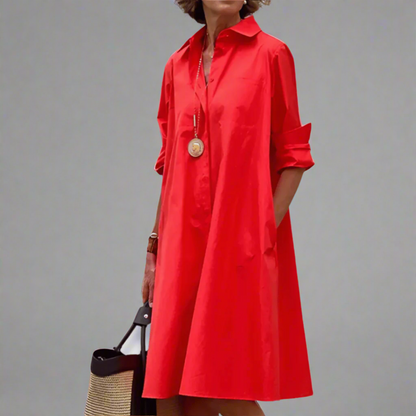 Women's Shirt Midi Dress with Collar and Pockets