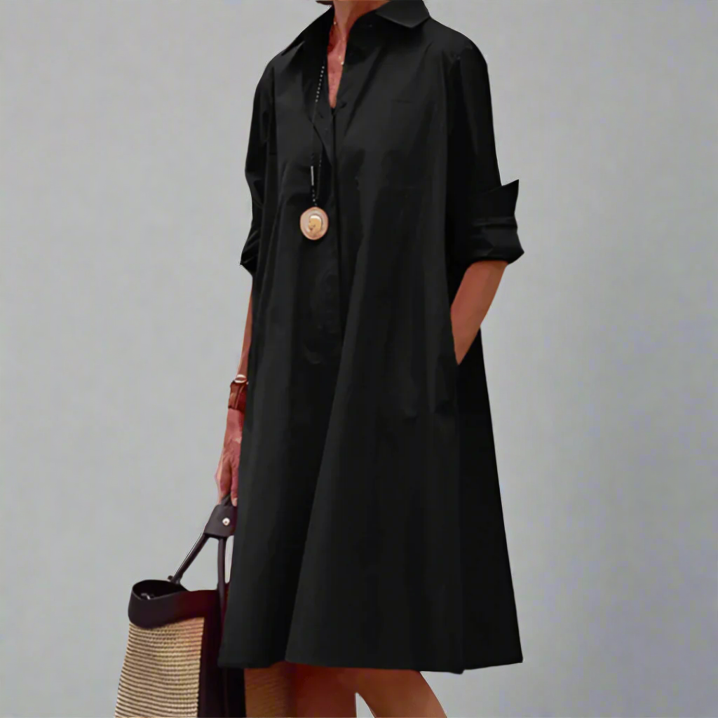 Women's Shirt Midi Dress with Collar and Pockets