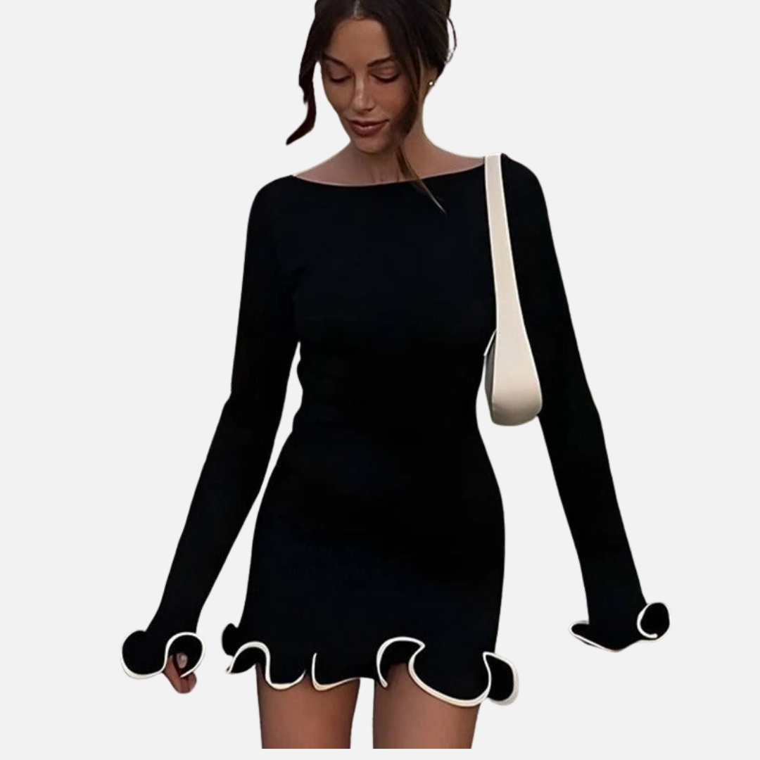 Zoe | Women's Long-Sleeve Ruffle Hem Knit Mini Dress – Evening Wear