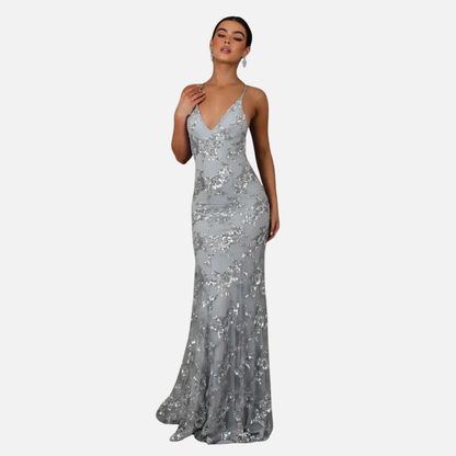 Women's Sequin Mermaid Formal Gown | Sparkly V-Neck Spaghetti Strap Evening Dress