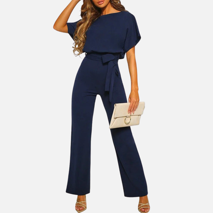 Women's Elegant Wide Leg Jumpsuit | Belted Short Sleeve Formal Palazzo Jumpsuit