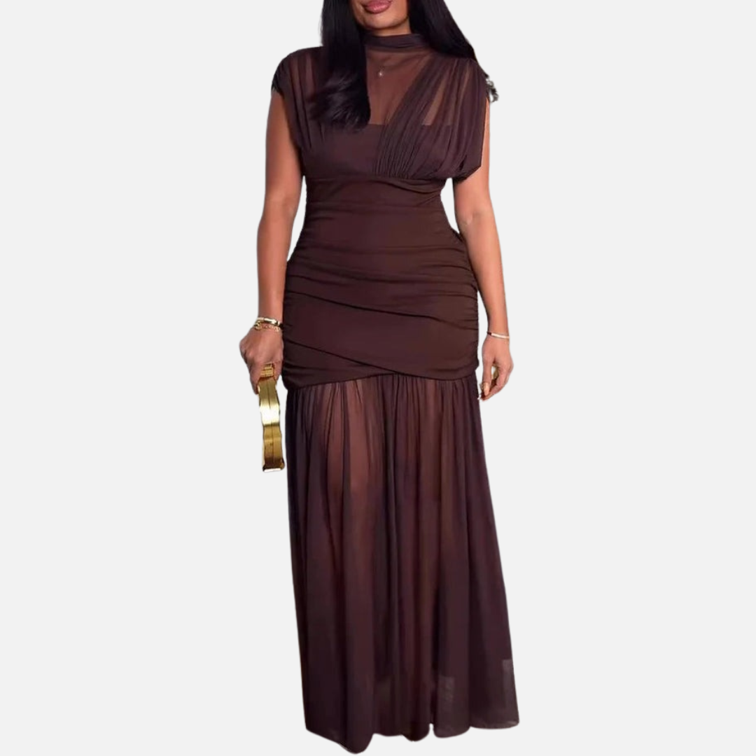 Women's Formal Mesh Maxi Dress | High Neck Ruched Evening Gown