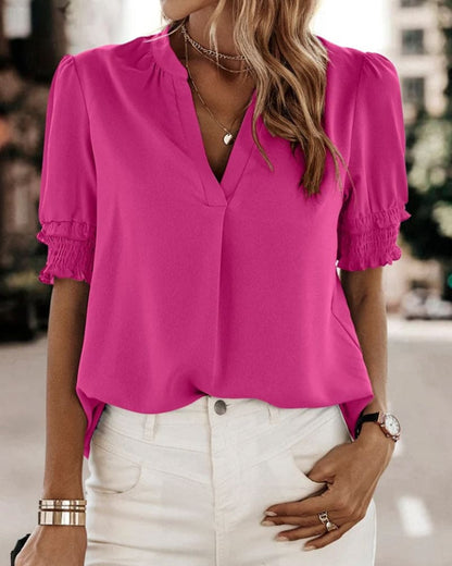 Women's Chiffon V-Neck Blouse with Smocked Short Sleeves