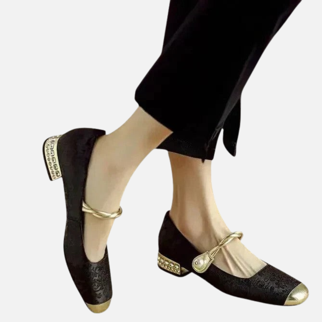Women's Velvet Mary Jane Flats | Square Toe Pearl Heel