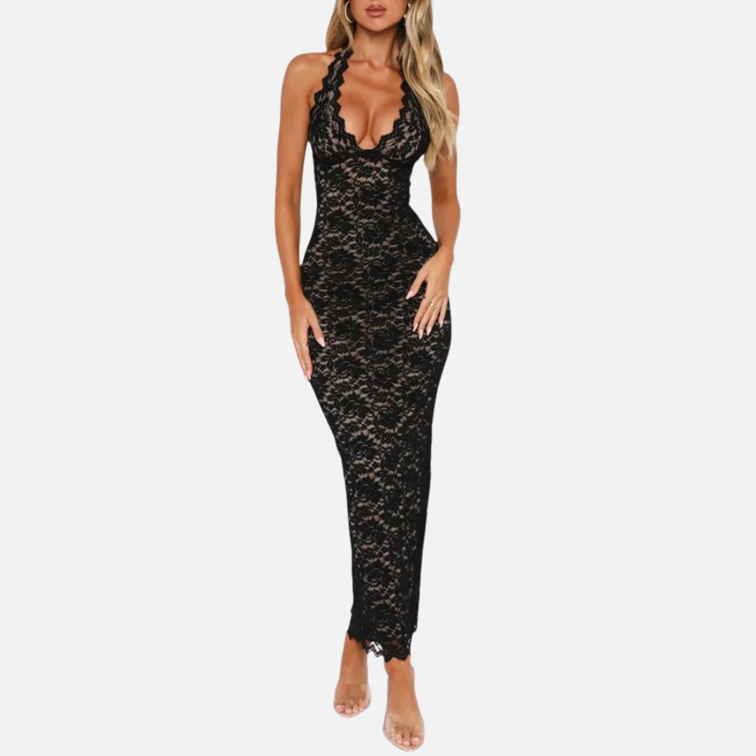 Women's Black Lace Formal Maxi Dress | Deep V Halter Neck Backless