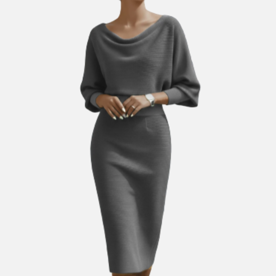 Women's Boucle Knit Cowl Neck Midi Dress | Batwing Sleeve