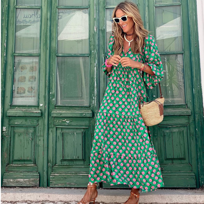 Women's Geometric High Low Maxi Dress with V Neck