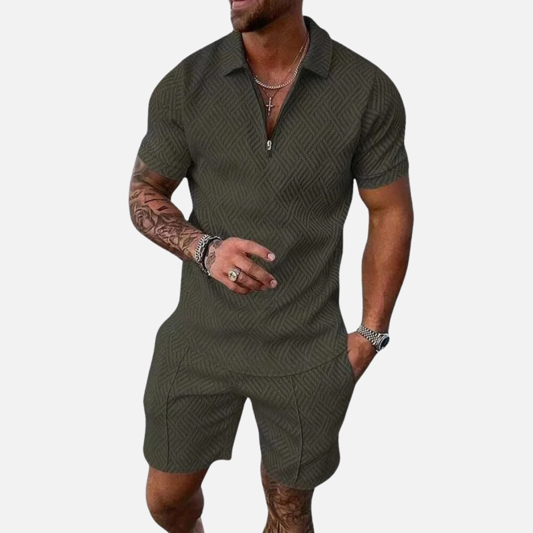 Men's Textured Polo Shirt and Shorts Set | Zip Collar Casual Summer Co-ord Matching Set
