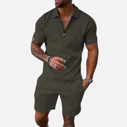 Men's Textured Polo Shirt and Shorts Set | Zip Collar Casual Summer Co-ord Matching Set