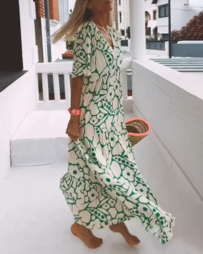 Women's Printed Maxi Dress with V-Neck and Short Sleeves