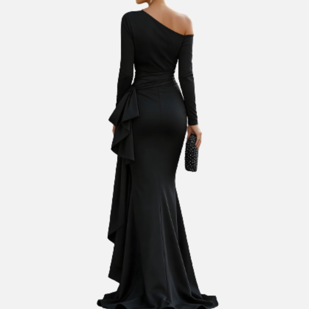 Women's Black Formal One-Shoulder Gown | Long Sleeve Mermaid Evening Dress