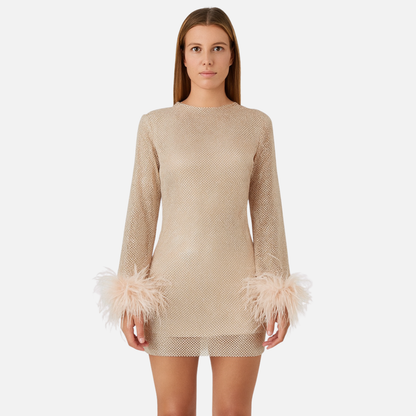 Women's Sparkly Sequin Mini Dress - Elegant Feather Cuff Party Gown