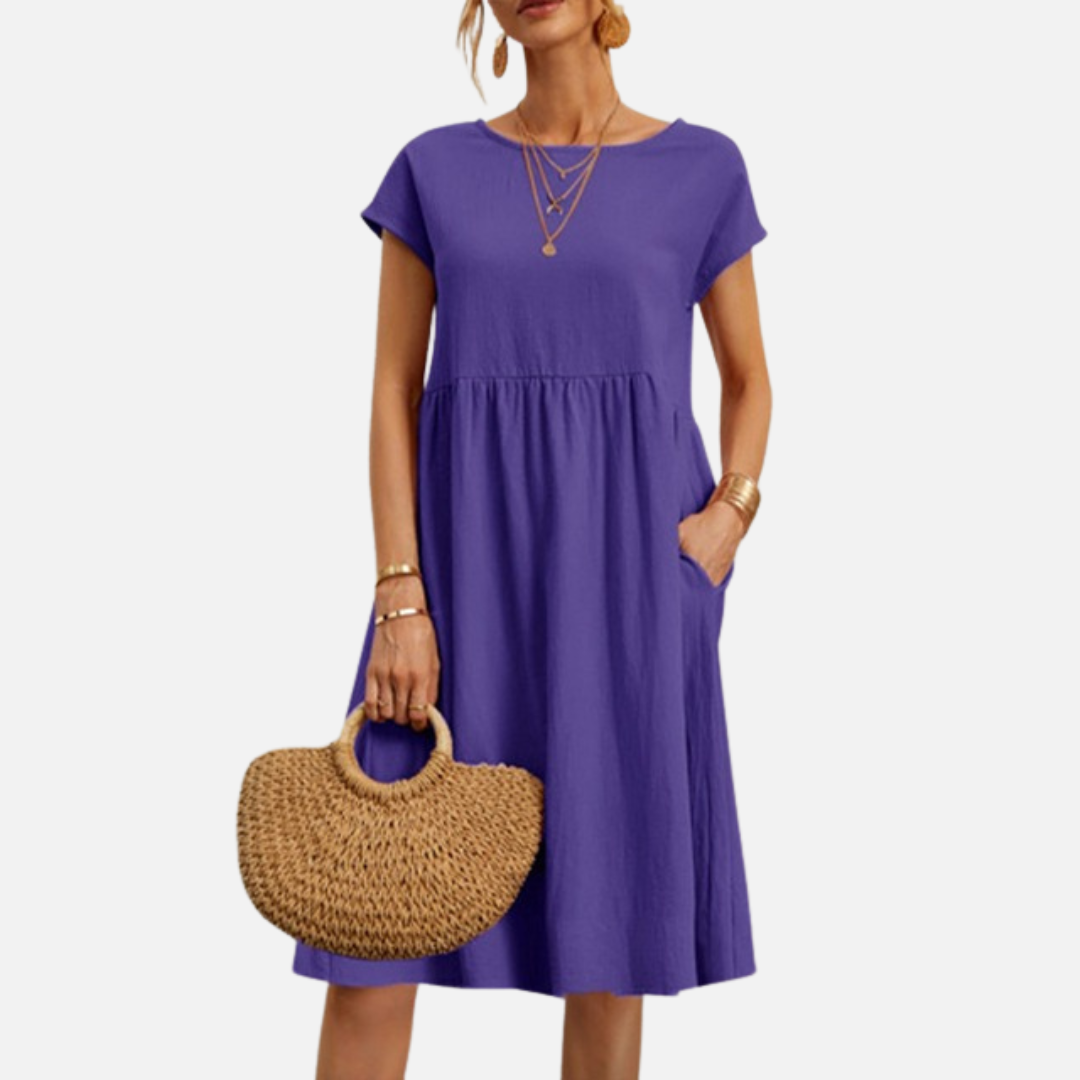 Women's Casual Linen Midi Dress | Short Sleeve Smock Dress
