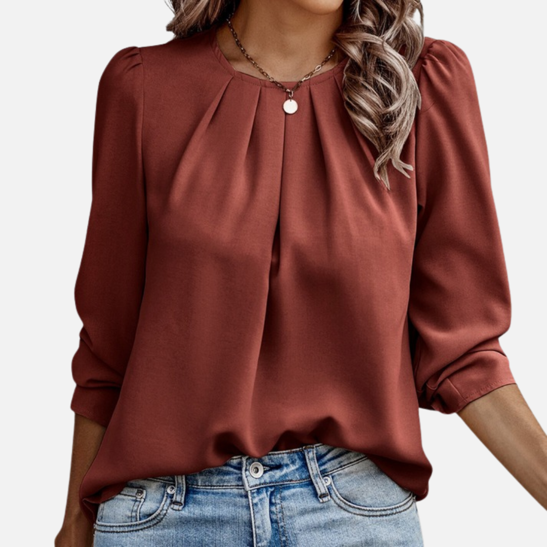 Women's Elegant Chiffon Blouse | Pleated Neck Puff Sleeve