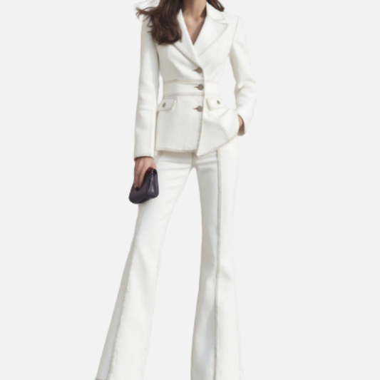 Conjunto de Traje de Blazer Clásico para Mujer | Chaqueta Ajustada con Solapa de Muesca y Pantalones Acampanados Formal