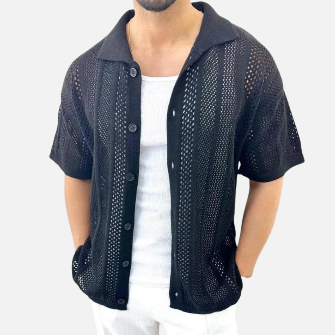 Men's Open Knit Cuban Collar Shirt | Short Sleeve Crochet Button-Up Beach Shirt