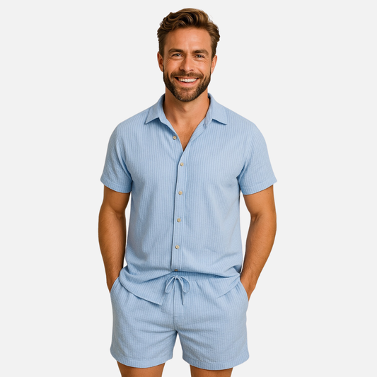 Conjunto a juego de lino para hombre | Camisa de manga corta y pantalón corto para verano