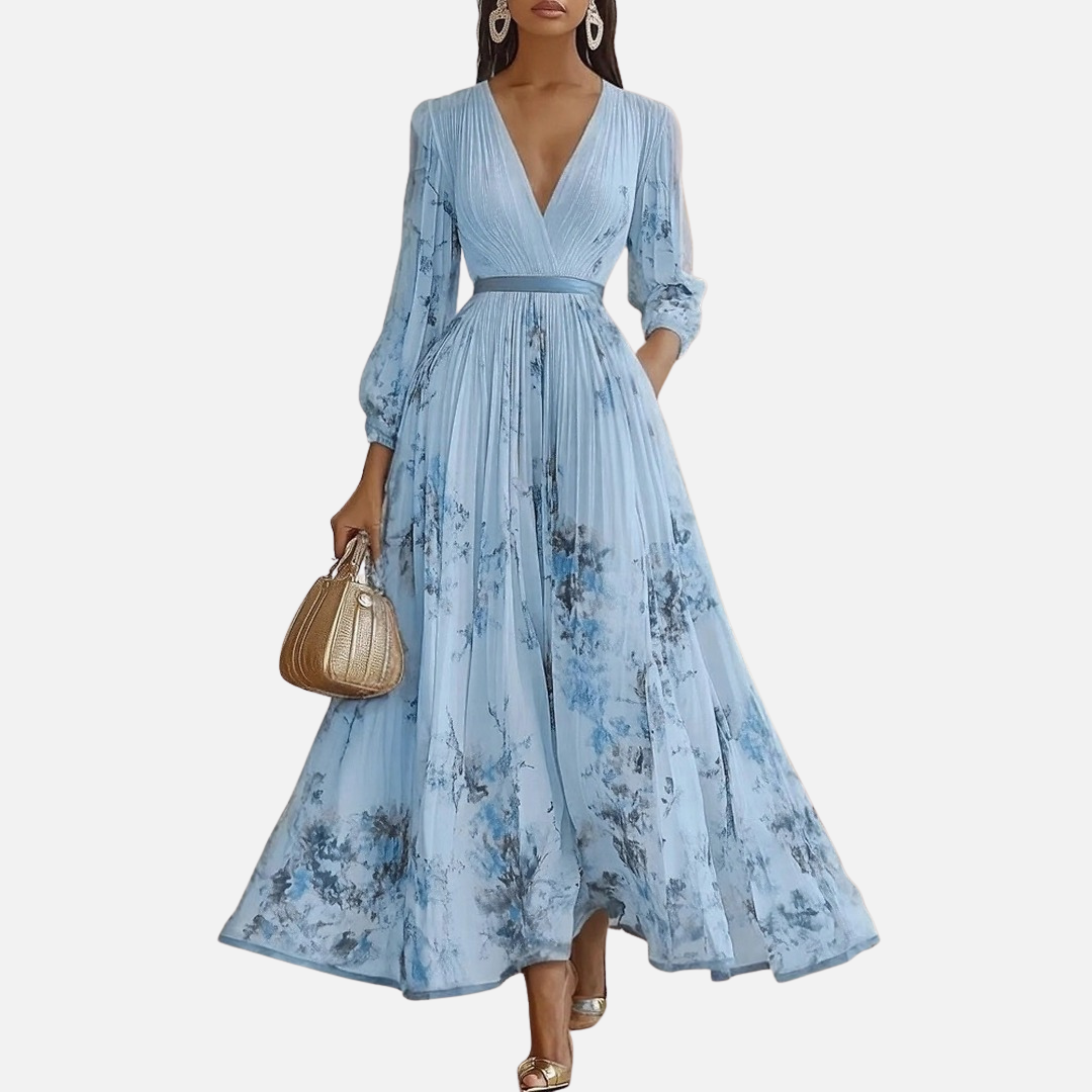 Women's Floral Chiffon Pleated Maxi Dress | V-Neck Puff Sleeve Wedding Guest Dress