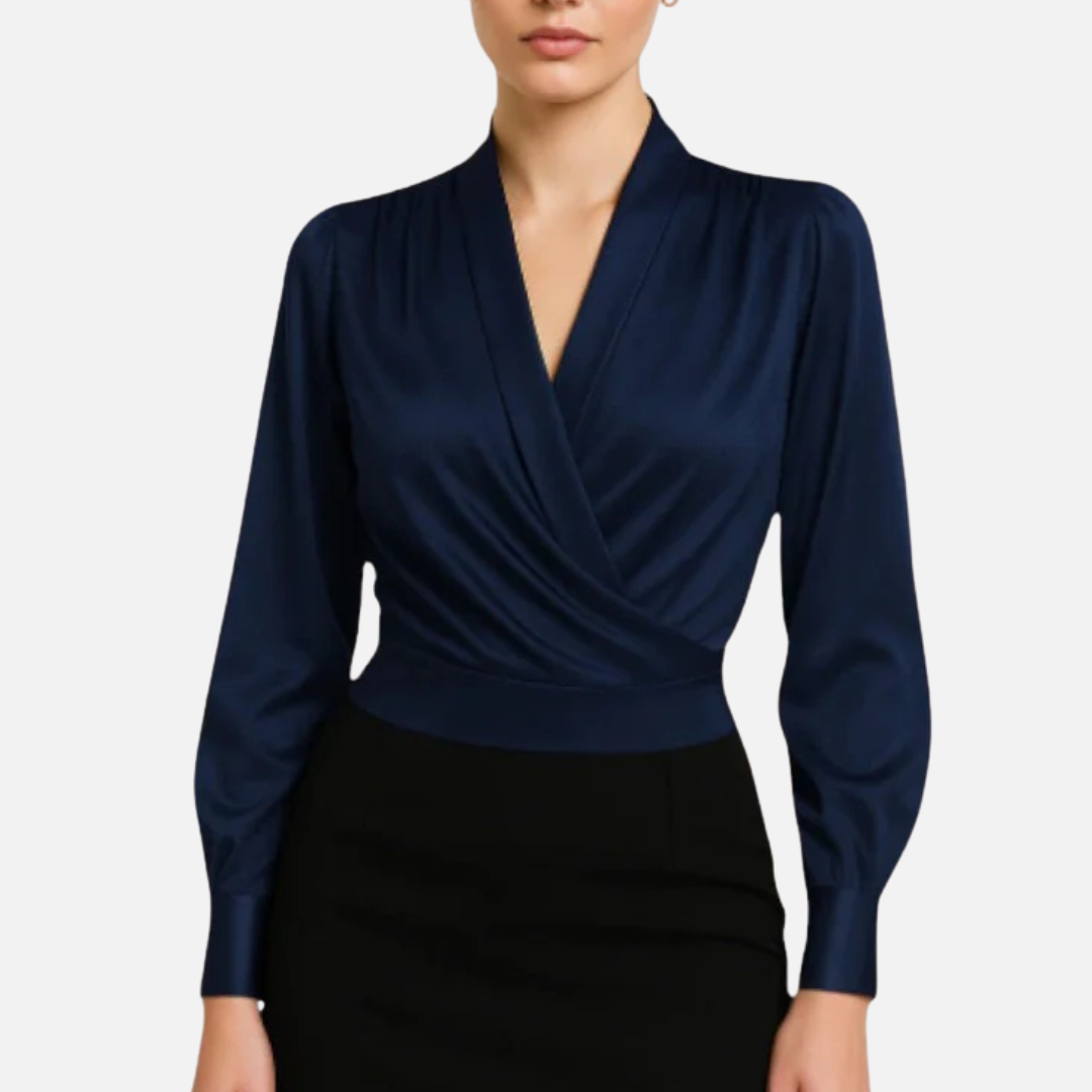 Women's Satin Wrap Blouse | Draped V-Neck Long Sleeve