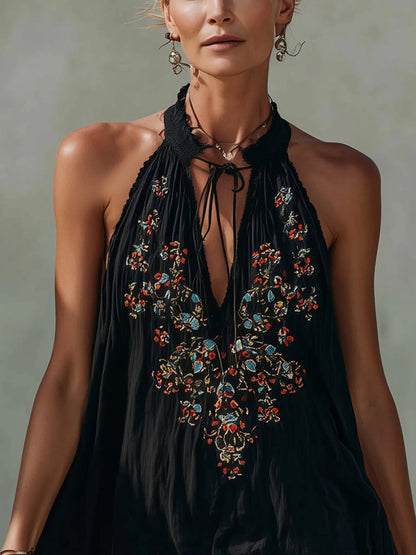 Women's Mini Dress – Embroidered Bodice, Lace Hem, Tie Neck