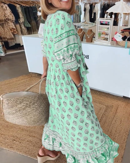 Women's Floral V-Neck Maxi Dress with Puff Sleeves