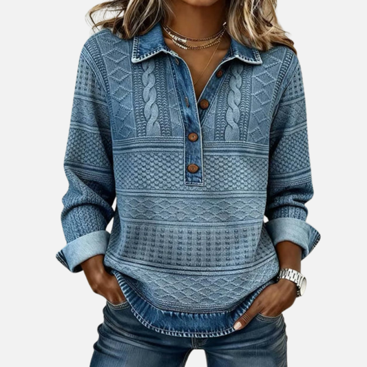Cassidy | Jersey trenzado de mujer con cuello denim y manga larga