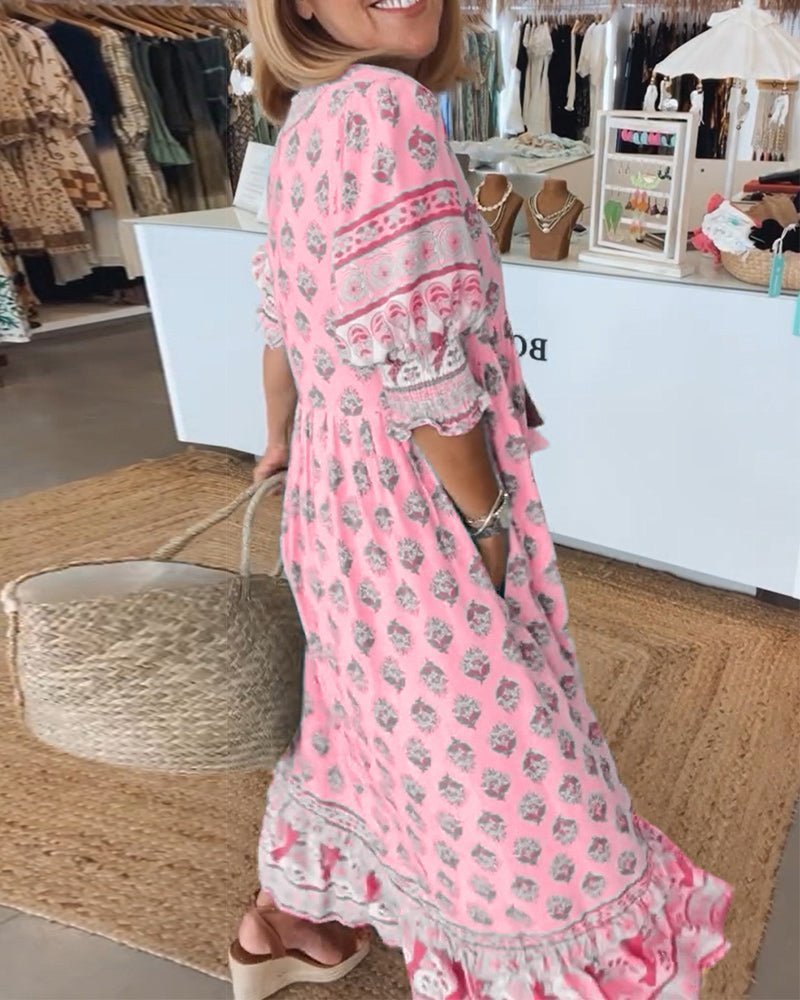 Women's Floral V-Neck Maxi Dress with Puff Sleeves