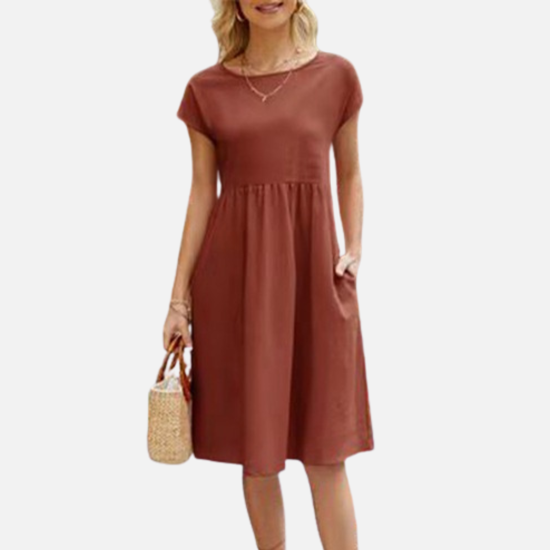 Women's Casual Linen Midi Dress | Short Sleeve Smock Dress