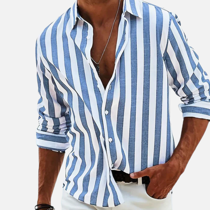 Men's Striped Long Sleeve Shirt | Button-Up Casual Beach Shirt