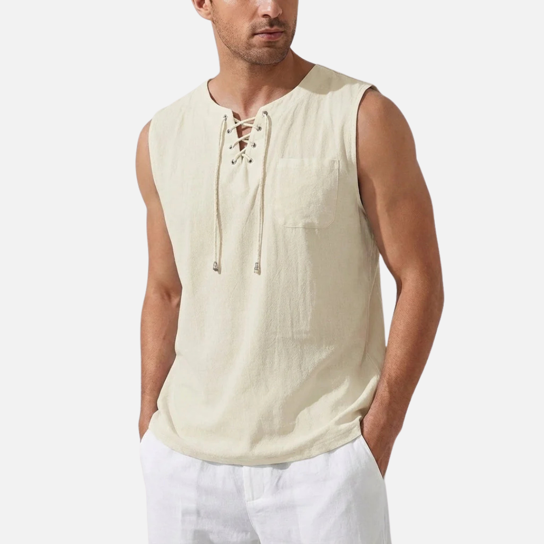 Men's Linen Sleeveless Tank Top | Lace-Up V-Neck Beach Vest