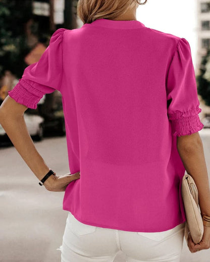 Women's Chiffon V-Neck Blouse with Smocked Short Sleeves