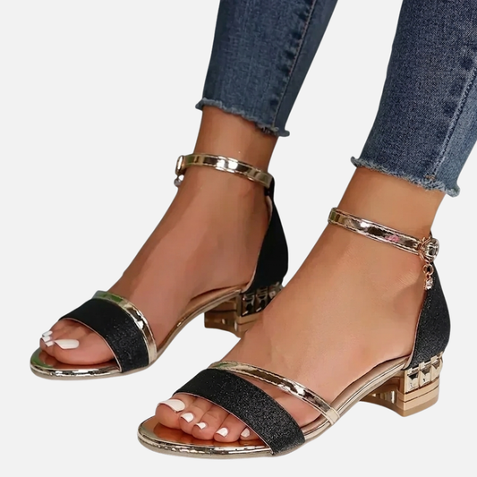 Sandalias de Tacón Cuadrado con Purpurina para Mujer | Tacón Bajo con Tira al Tobillo Brillante
