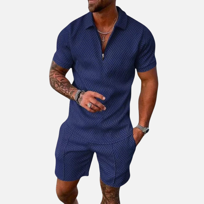 Men's Textured Polo Shirt and Shorts Set | Zip Collar Casual Summer Co-ord Matching Set